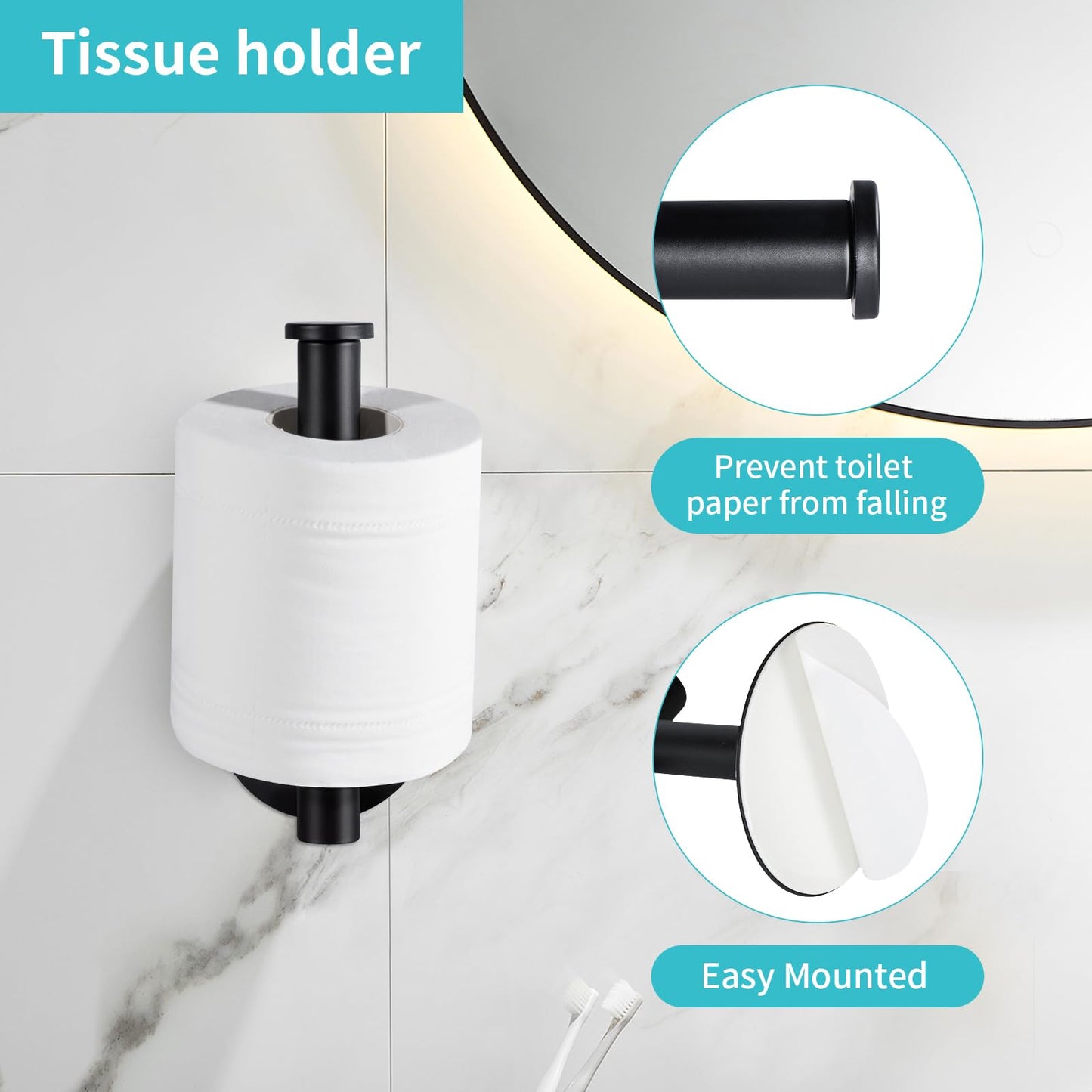 Yagoo Self Adhesive Toilet Paper Holder, SUS304 Stainless Steel Rustproof Toilet Roll Holder No Drilling Adhesive Toilet Tissue Holder for Bathroom Kitchen (1, Black)