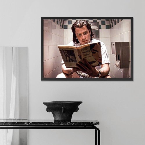 Funny Bathroom Wall Art - Man Reading Newspaper on Toilet | Humorous Movie Poster Canvas Print