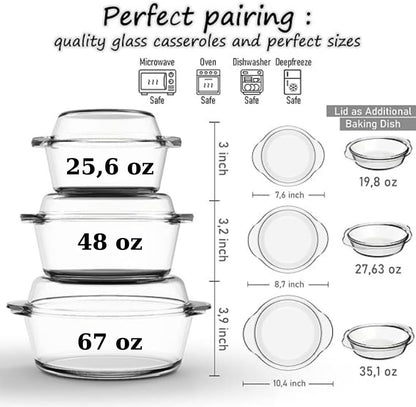 Ums Glass Casserole Set - 6-Piece Borosilicate Bakeware with Lids | Oven & Microwave Safe