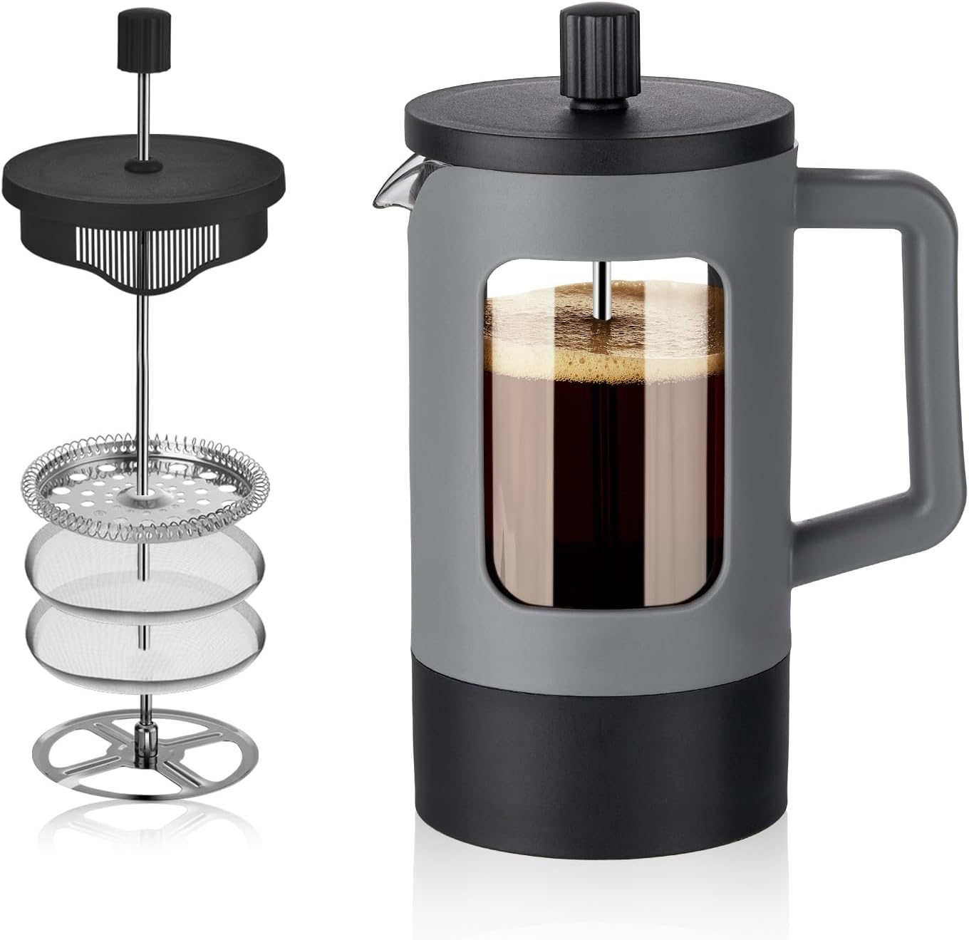 YOLIFE French Press Coffee Maker - 21 oz Portable Tea & Coffee Press with Heat-Resistant Glass | Grey & Black