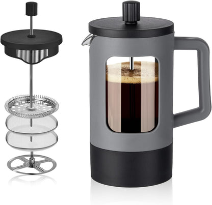 YOLIFE French Press Coffee Maker - 21 oz Portable Tea & Coffee Press with Heat-Resistant Glass | Grey & Black