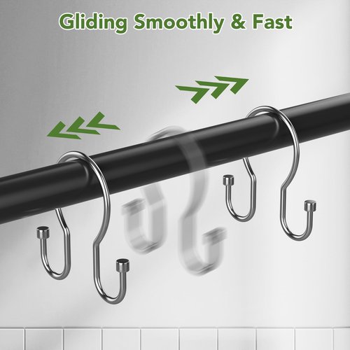 Goowin Shower Curtain Hooks, Simple Shower Curtain Rings, Sturdy Shower Curtain Hangers, Double Hook Shower Curtain Hooks, Smooth Gliding Metal Shower Hooks for Shower Curtain (Chrome, 12 Pack)