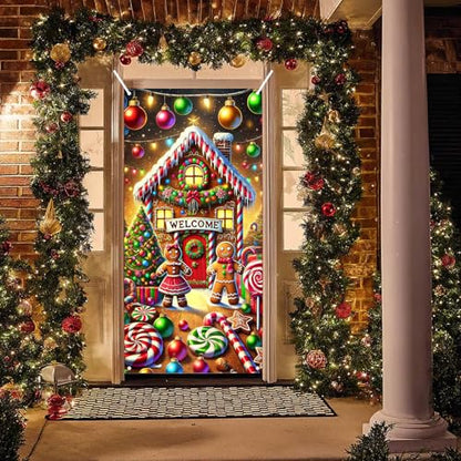 Christmas Gingerbread House Door Cover 35x71 Inch Polyester Holiday Decor
