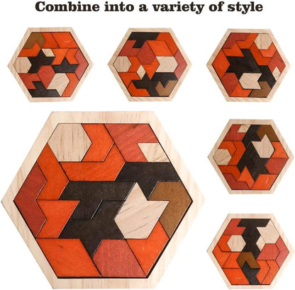 Skrtuan Wooden Hexagon Tangram Puzzle - Montessori Brain Teaser Game for Kids & Adults | Portable Educational Toy