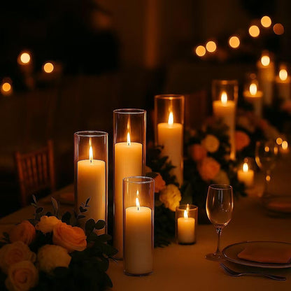 Regine Switzerland Set of 6 White Pillar Candles - Elegant Glass Hurricane Holders for Weddings & Home Decor