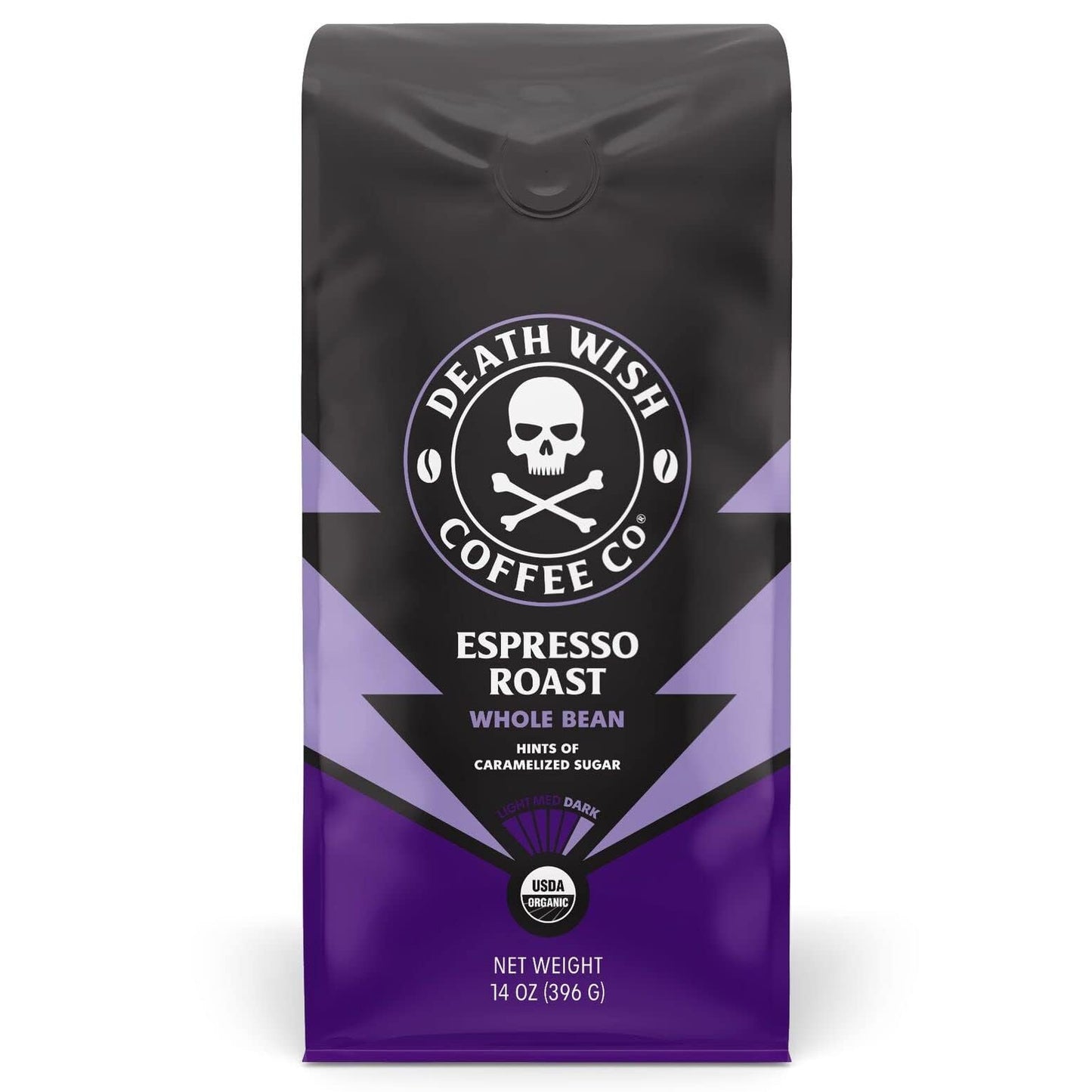 Death Wish Coffee Co. Whole Bean Espresso Roast - Extra Kick of Caffeine - Organic, Fair Trade, Arabaica and Robusta Coffee Beans, 14 ounce (Pack of 1)