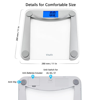 Vitafit Digital Bathroom Weight Scale for Body Weight, High Accuracy Assured by Weighing Professional Since 2001,Extra Large Blue Backlit LCD and Step-On, 400lb/182kg, Clear Glass