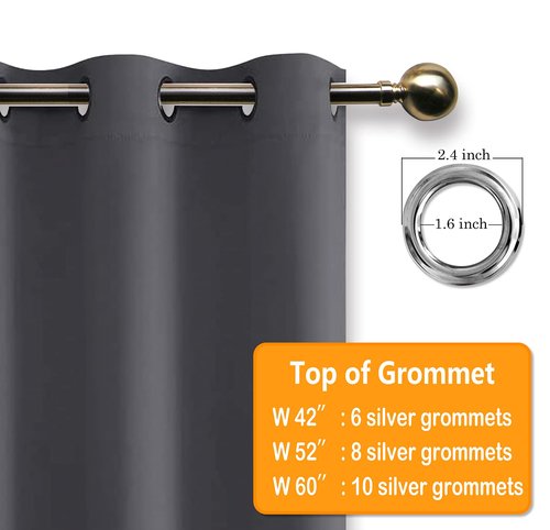Hiasan Grommet Blackout Curtains for Bedroom, 42 x 63 Inches Length - Thermal Insulated & Light Blocking Window Curtains for Living Room, 2 Drape Panels Sewn with Tiebacks, Dark Grey