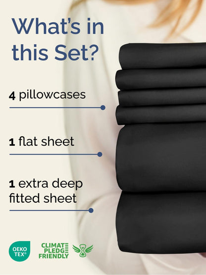 Skiennix Extra Deep Queen Sheet Set - 6 Piece Breathable Cooling Bedding - Soft, Wrinkle-Free Black Sheets