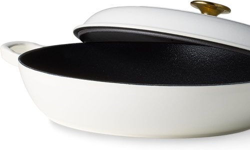 CAROTE Enameled Cast Iron Braiser Pan - 3.4QT Shallow Dutch Oven with Lid | Non-Toxic, All Stovetop Compatible, White