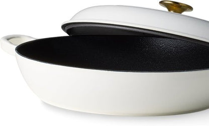CAROTE Enameled Cast Iron Braiser Pan - 3.4QT Shallow Dutch Oven with Lid | Non-Toxic, All Stovetop Compatible, White
