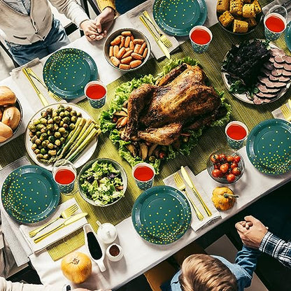 560Pcs Green and Gold Party Supplies Set for 80 Guests - Plates Cups Napkins Cutlery
