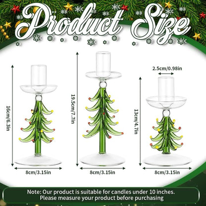 Green Christmas Tree Candle Holders Set of 3 - Rustic Glass Taper Candlesticks for Holiday Decor