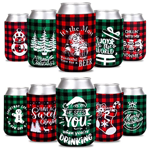 12 Pack Christmas Beer Can Sleeves with Holiday Designs - Hot Cold Drink Insulation