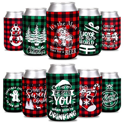 12 Pack Christmas Beer Can Sleeves with Holiday Designs - Hot Cold Drink Insulation