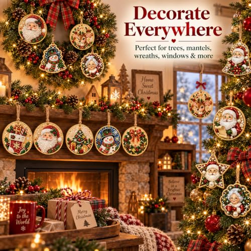 Wooden Christmas Ornaments DIY Kit with Pearls & Gems - 6 Pieces - J#
