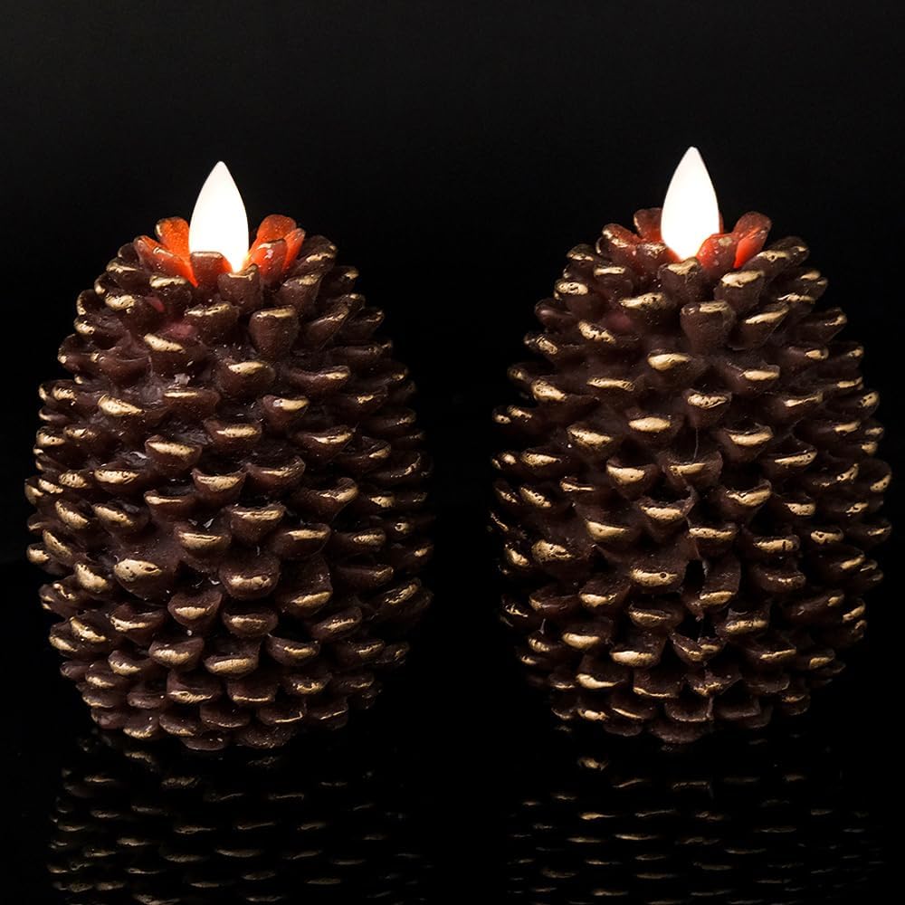 Wondise Flameless Candles - Battery Operated Real Wax Pine Cone Design with Timer | Set of 2, Brown (D3.5 x H4.7 Inch)