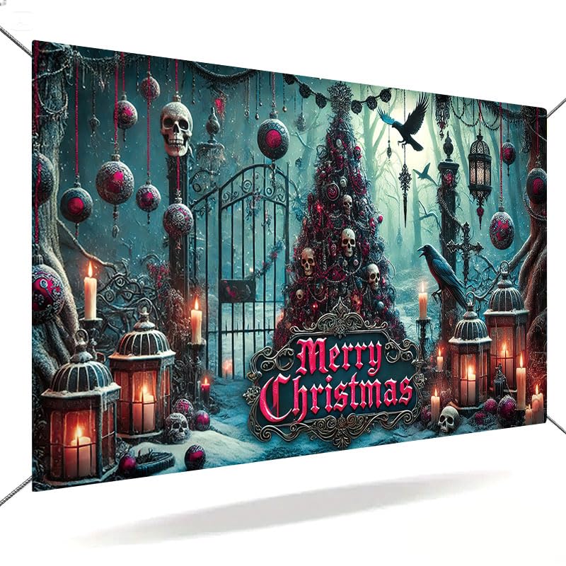 Gothic Christmas Banner Large 71x43 Inch Holiday Fabric Backdrop with Skull Tree Ravens Candles - Multicolored