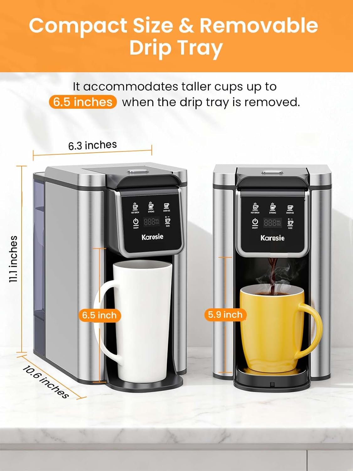 Skiennix K Cup Coffee Maker - Hot & Iced Brewing, 6-14 Oz Sizes, 50 Oz Removable Tank, Stainless Steel, Black