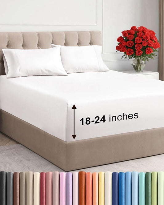 Skiennix Extra Deep Twin Sheet Set - 4-Piece Breathable Cooling Sheets - Luxury Hotel Quality - Antique White
