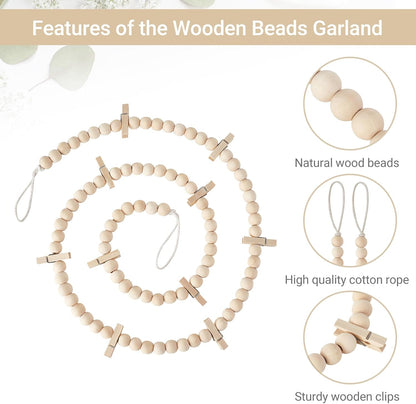 Mkono Hanging Photo Display - Boho Wooden Bead Garland with 10 Clips | Brown, 2 Pack - Perfect for Bedroom Decor