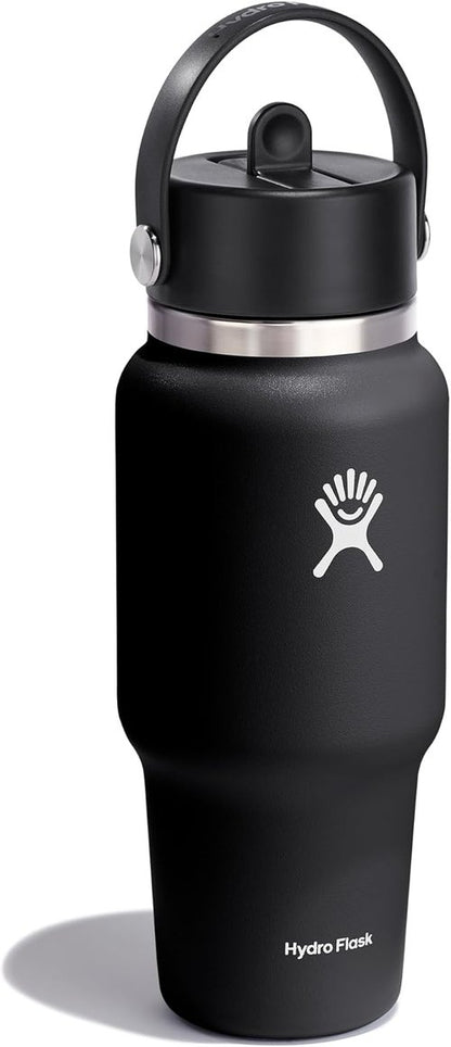 Hydro Flask Travel Water Bottle - Insulated Stainless Steel - Leakproof 24 Oz Black with Wide Straw Lid