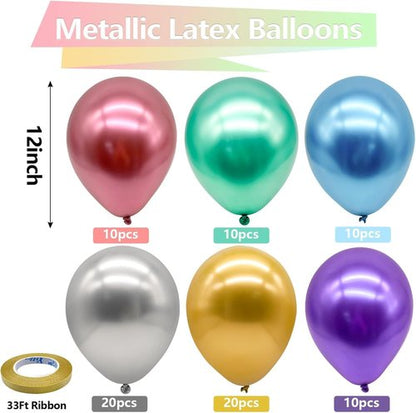 Bezente Metallic Chrome Latex Balloons - 100 Pack of 12-Inch Colorful Party Balloons for Weddings & Birthdays