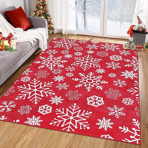 Christmas Snowflake Area Rug 5x7 Feet Red Floor Cover for Holiday Decor - Variation of Red Snowflake