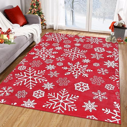 Christmas Snowflake Area Rug 5x7 Feet Red Floor Cover for Holiday Decor - Variation of Red Snowflake