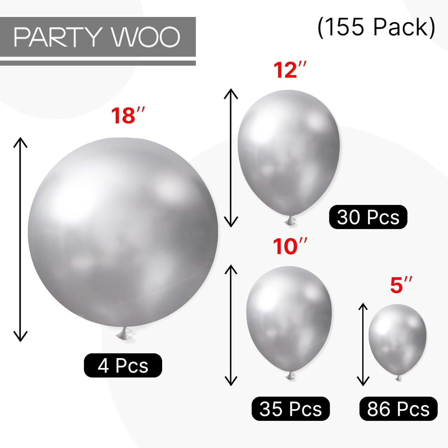 PartyWoo Silver Balloon Arch Kit - 155 Pcs in Various Sizes for Birthday & Wedding Decor | Silver-G102