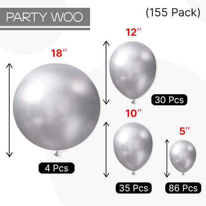 PartyWoo Silver Balloon Arch Kit - 155 Pcs in Various Sizes for Birthday & Wedding Decor | Silver-G102