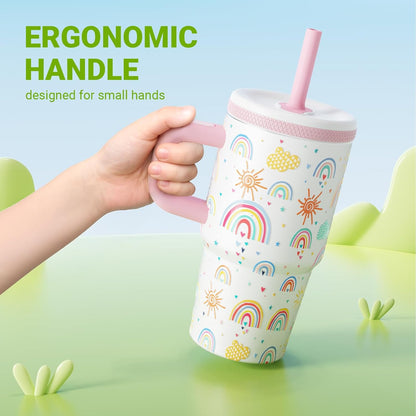 Skiennix Kids 20 Oz Tumbler - Leak-Proof Stainless Steel Water Bottle with Handle & Straw | Cute Bee Design