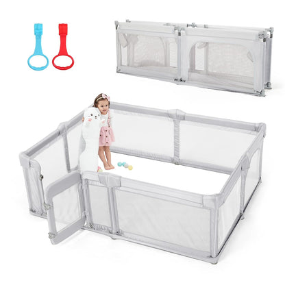 Skiennix Baby Playpen - 71"x71" Foldable Play Area with Gate & Zipper Door | Light Grey