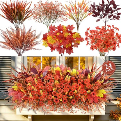 Artificial Fall Flowers Bundle 24pcs Outdoor Decor Autumn Flowers with Maple Leaves