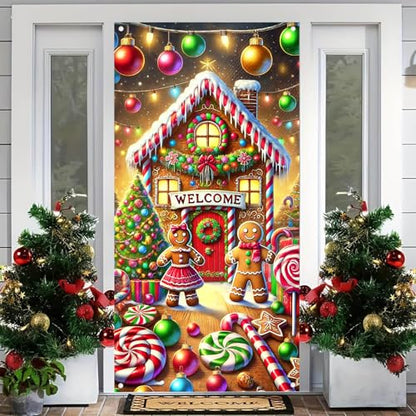 Christmas Gingerbread House Door Cover 35x71 Inch Polyester Holiday Decor