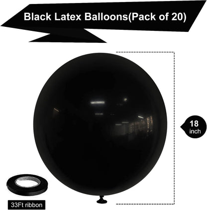Skiennix 18 Inch Black Latex Balloons - 20 Pack of Thick, Large Round Helium Balloons for Celebrations
