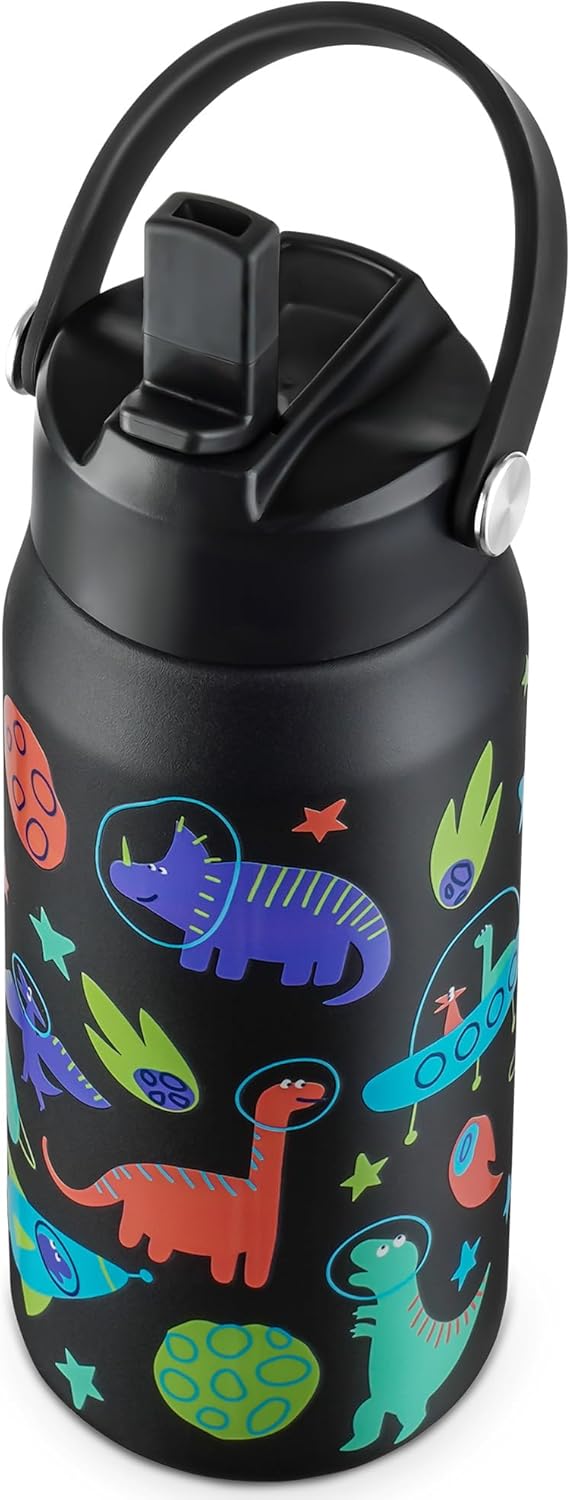 OLDLEY Kids Water Bottle - 18oz Insulated Stainless Steel | Leakproof, Non-Spill Design, Space Dinosaur