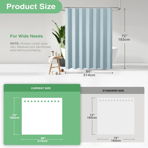 Dynamene Extra Wide Shower Curtain - 84 Inch Wide Waffle Weave Weighted Thick Cloth Bathroom Shower Curtain, Neutral Heavy Duty Hotel Bath Curtain Set with 14 Plastic Hooks, 84x72, Fog Blue