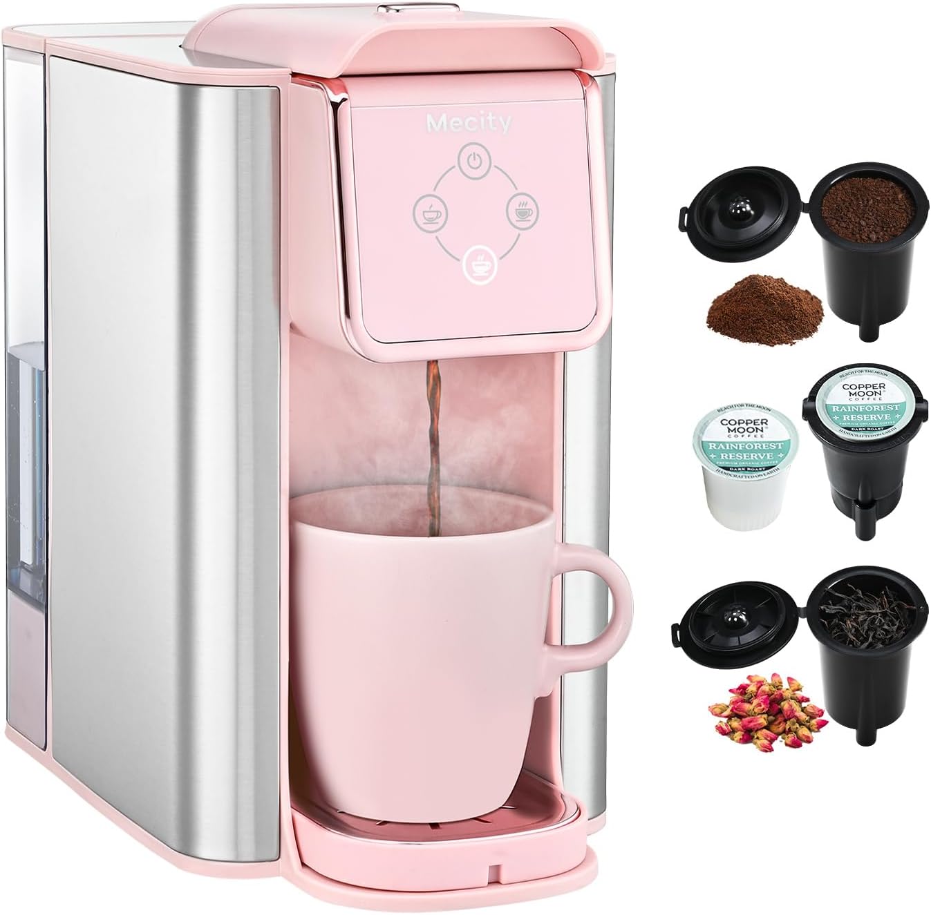 Mecity Coffee Maker - 3-in-1 Single Serve Machine for Ground & Capsule Coffee | 50 Oz Reservoir, Pink