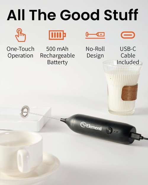 Elementi Milk Frother Wand - Powerful USB-C Rechargeable Handheld Mixer for Perfect Cappuccinos & Lattes (Black)