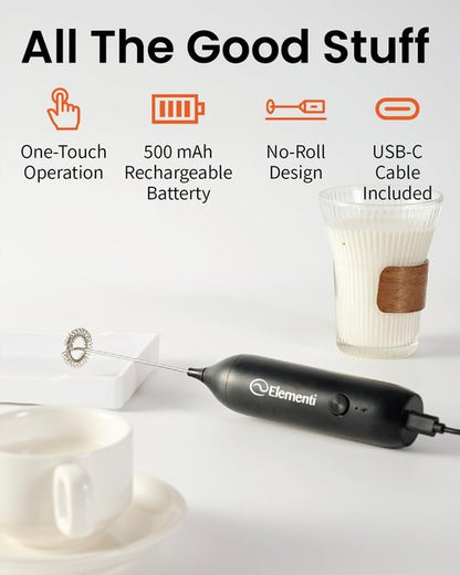 Elementi Milk Frother Wand - Powerful USB-C Rechargeable Handheld Mixer for Perfect Cappuccinos & Lattes (Black)