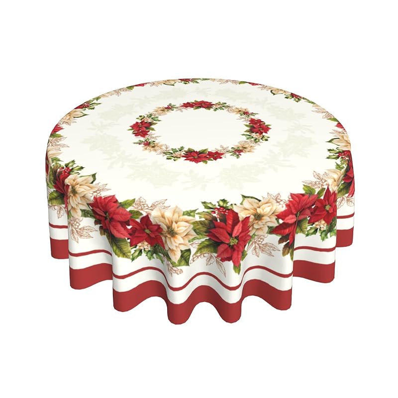 60-Inch Round Christmas Tablecloth with Winter Floral Leaves - Aytipun