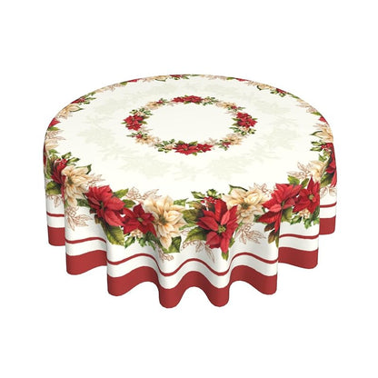 60-Inch Round Christmas Tablecloth with Winter Floral Leaves - Aytipun