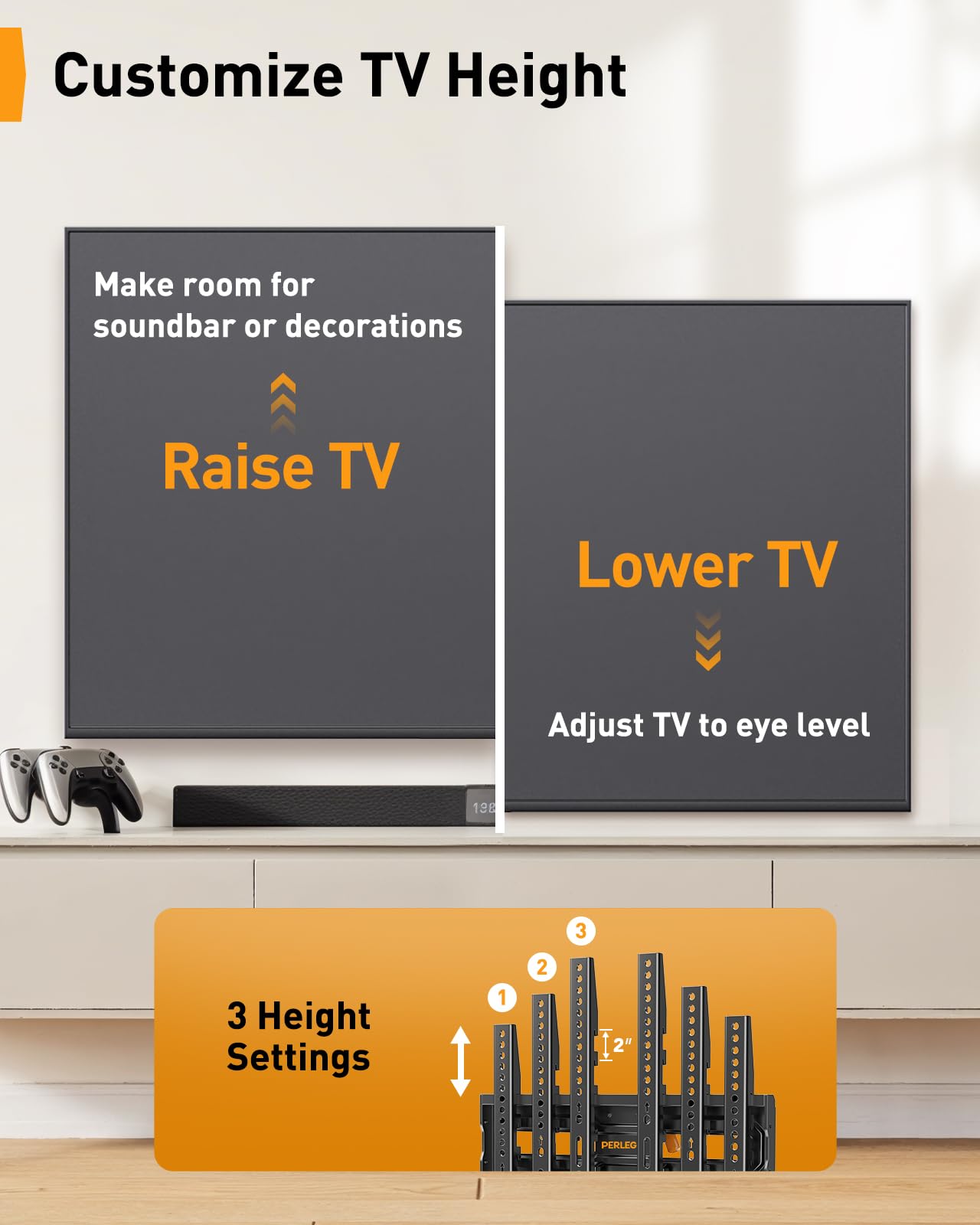 Perlegear Full Motion TV Wall Mount for 26-74 inch TVs, Height Adjustable TV Mount, Pre-Assembled Wall Mount TV Bracket with Tool-Free Tilt, Swivel, Fits 16” Studs, 99 lbs, Max VESA 400x400mm, PGMF21