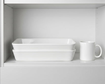 ONEMORE Ceramic Baking Dish - 9x13 Large Rectangular Casserole Pan for Oven & Family Meals | Ribbed White Bakeware