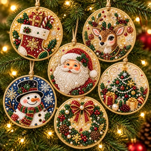 Christmas Pearl Diamond Art Ornament Kit - 6 Pieces with Pearls & Gems - Variation #17