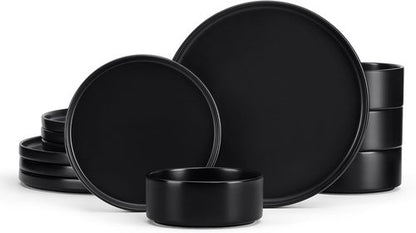 E-far Stoneware Dinnerware Set - 12-Piece Modern Plates & Bowls for 4 | Chip & Scratch Resistant, Matte Black
