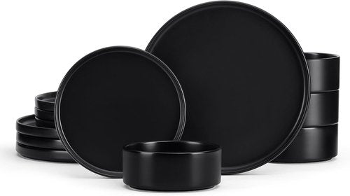 E-far Stoneware Dinnerware Set - 12-Piece Modern Plates & Bowls for 4 | Chip & Scratch Resistant, Matte Black