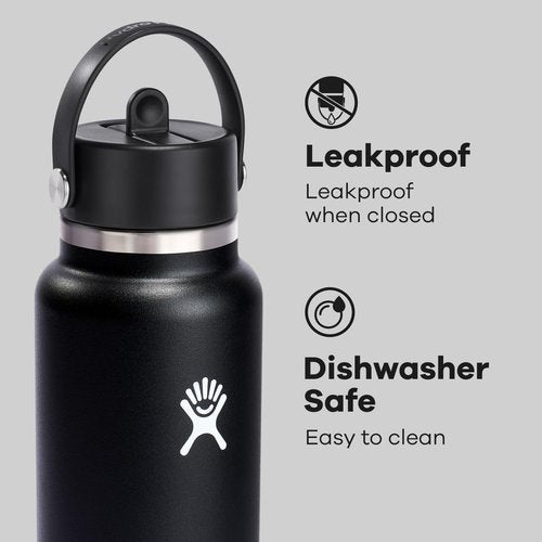 Hydro Flask Water Bottle - Insulated Stainless Steel - 40 Oz Black with Wide Straw Lid & Leakproof Design