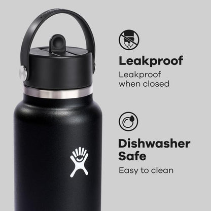 Hydro Flask Water Bottle - Insulated Stainless Steel - 40 Oz Black with Wide Straw Lid & Leakproof Design